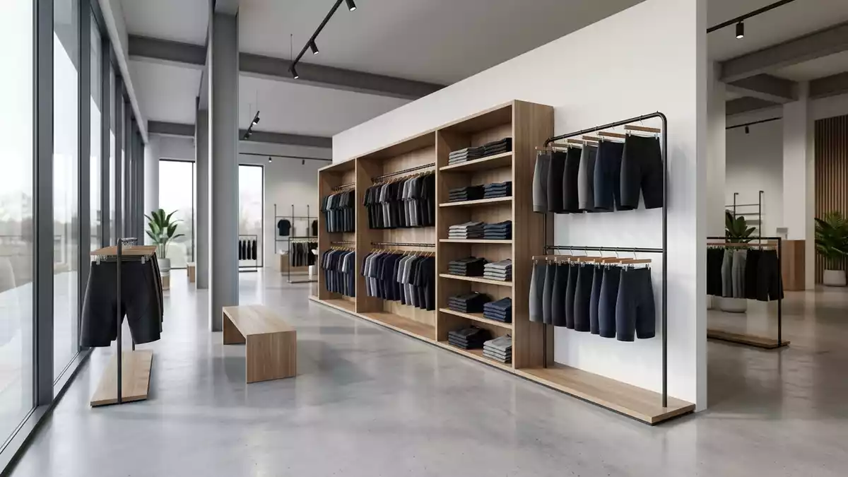 Architektur-Render im Ausdauersportgeschaeft mit Triathlonshorts im Ausstellungsbereich