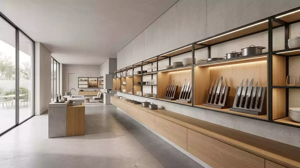 Architektur-Render im Kuechenwarengeschaeft mit Messerset im Ausstellungsbereich