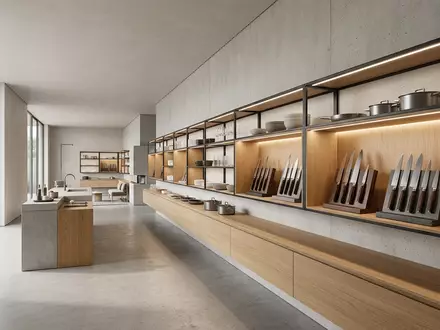 Architektur-Render im Kuechenwarengeschaeft mit Messerset zum Thema Zwilling TWIN Four Star, neutrales Tageslicht - Foto: THN