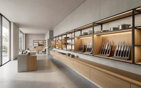 Architektur-Render im Kuechenwarengeschaeft mit Messerset zum Thema Zwilling TWIN Four Star, neutrales Tageslicht - Foto: THN