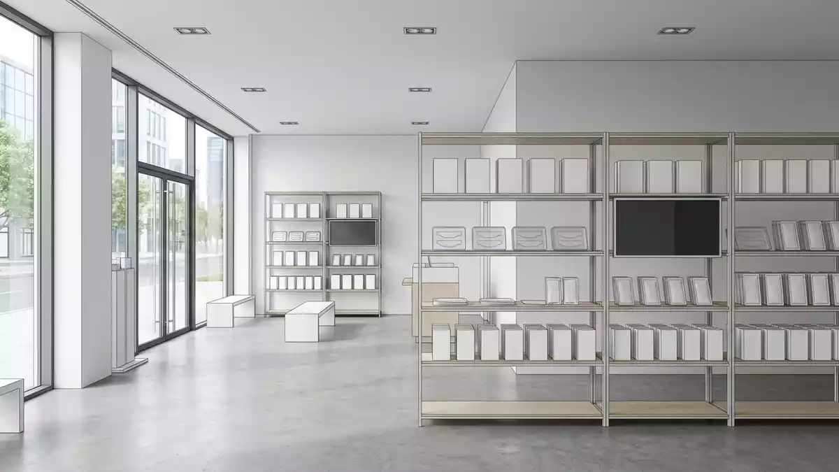 Architektur-Render im Mundpflegeladen mit Zahnaufhellungsstreifen im Ausstellungsbereich