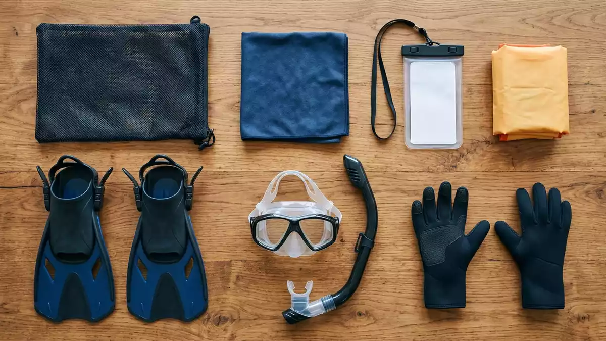 Flatlay-Arrangement rund um Kinderschnorchelset mit passenden Requisiten von oben