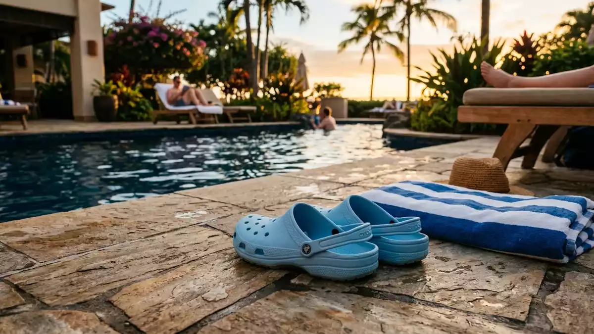 Fotorealistische Ansicht von Badeclogs am Pool in warmem Abendlicht, neutral
