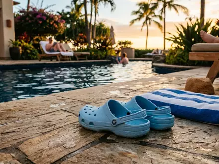 Fotorealistische Aufnahme von Badeclogs am Pool zum Thema Crocs Herren Classic Clog, warmes Abendlicht - Foto: THN