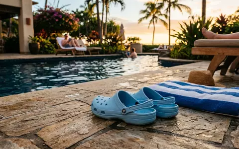 Fotorealistische Aufnahme von Badeclogs am Pool zum Thema Crocs Herren Classic Clog, warmes Abendlicht - Foto: THN