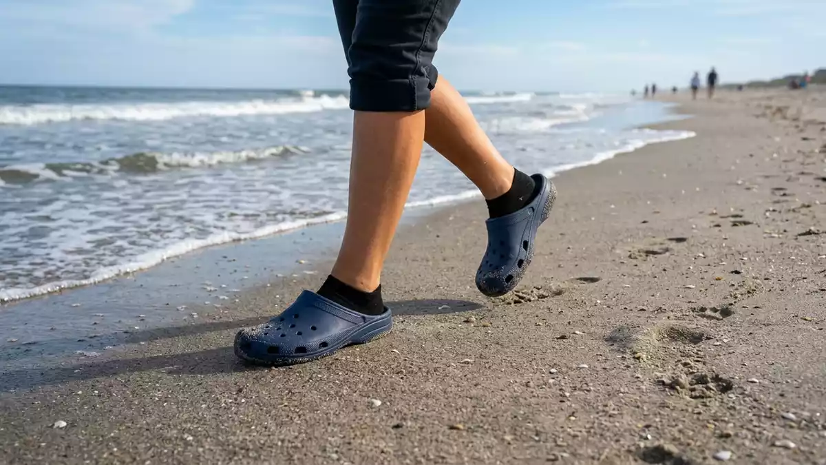 Fotorealistische Ansicht von Badeclogs am Ufer in realer Umgebung, sachlich dargestellt