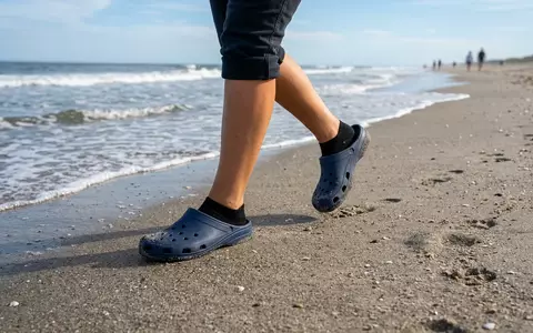 Fotorealistische Aufnahme von Badeclogs am Ufer zum Thema Crocs Damen Classic Clog, natuerliches Licht - Foto: THN