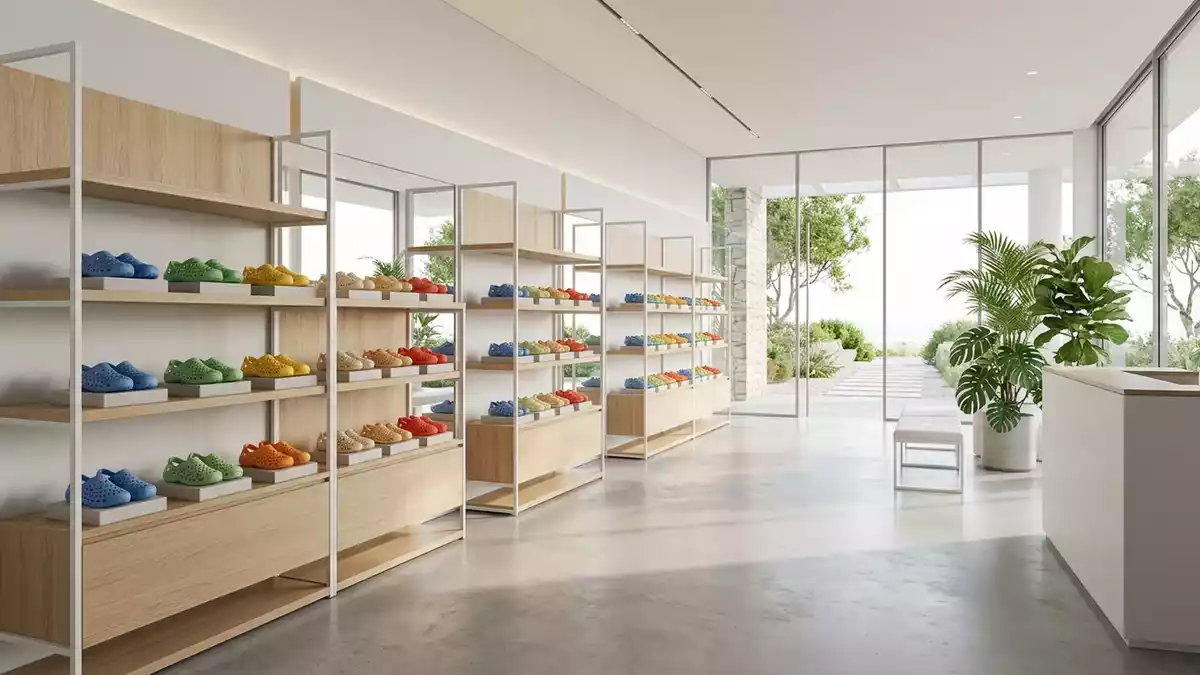 Architektur-Render im Schuhladen mit Badeclogs im Ausstellungsbereich, neutral