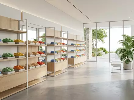 Architektur-Render im Schuhladen mit Badeclogs zum Thema Crocs Damen Classic Clog, neutrales Tageslicht - Foto: THN