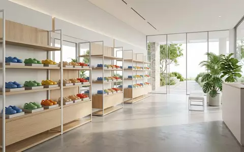 Architektur-Render im Schuhladen mit Badeclogs zum Thema Crocs Damen Classic Clog, neutrales Tageslicht - Foto: THN
