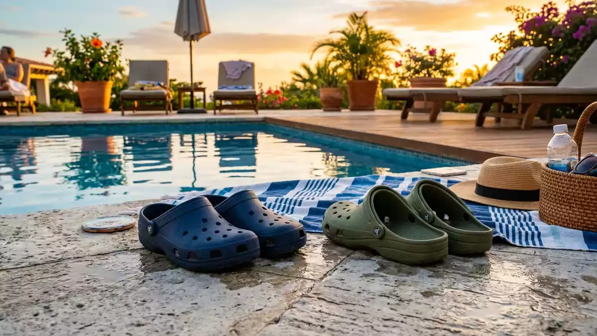 Fotorealistische Ansicht von Badeclogs am Pool in warmem Abendlicht, neutral