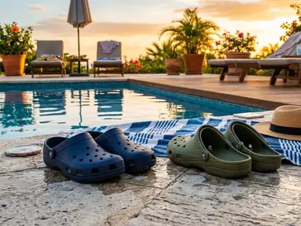 Fotorealistische Aufnahme von Badeclogs am Pool zum Thema Crocs Damen Classic Clog, warmes Abendlicht - Foto: THN