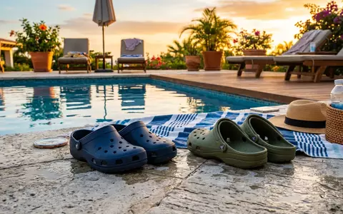 Fotorealistische Aufnahme von Badeclogs am Pool zum Thema Crocs Damen Classic Clog, warmes Abendlicht - Foto: THN