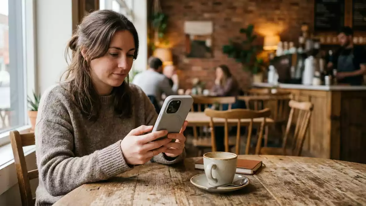 Fotorealistische Ansicht von Handyhuelle im Cafe in realer Umgebung, neutral