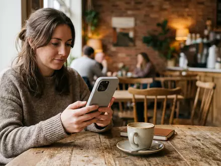 Fotorealistische Aufnahme von Handyhuelle im Cafe zum Thema Apple Silikon Case MagSafe, natuerliches Licht - Foto: THN
