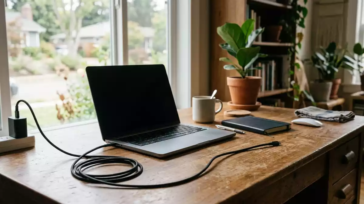 Fotorealistische Ansicht von Ladekabel am Schreibtisch in realer Umgebung, neutral
