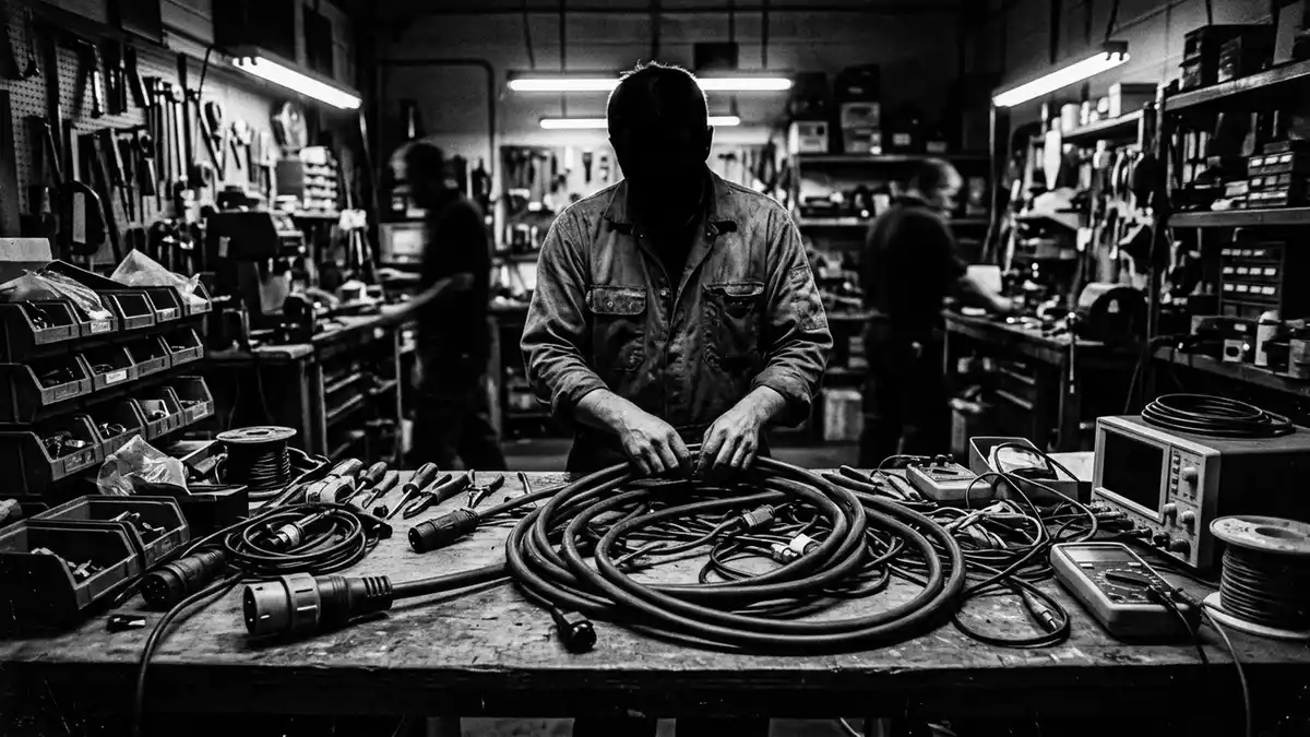 Schwarzweiss-Reportagebild mit Ladekabel in dokumentarischer Arbeitsumgebung, neutral