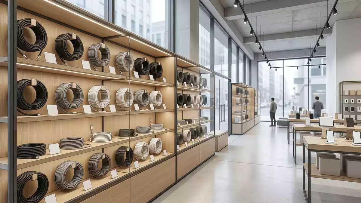 Architektur-Render im Elektronikfachgeschaeft mit Ladekabel im Ausstellungsbereich