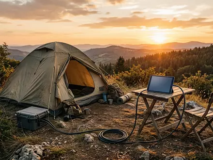Fotorealistische Aufnahme von Ladekabel am Zeltplatz zum Thema Apple USB-C Ladekabel 2m, warmes Abendlicht - Foto: THN