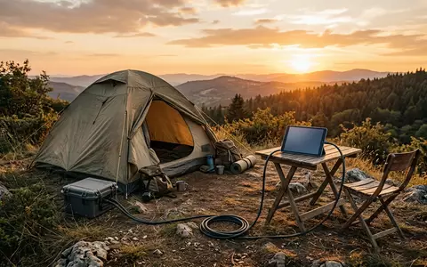 Fotorealistische Aufnahme von Ladekabel am Zeltplatz zum Thema Apple USB-C Ladekabel 2m, warmes Abendlicht - Foto: THN