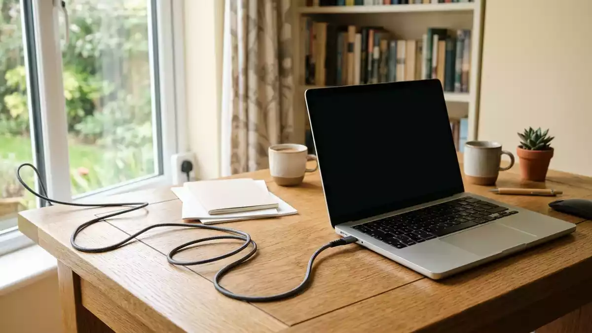 Fotorealistische Ansicht von Ladekabel am Schreibtisch in realer Umgebung, neutral