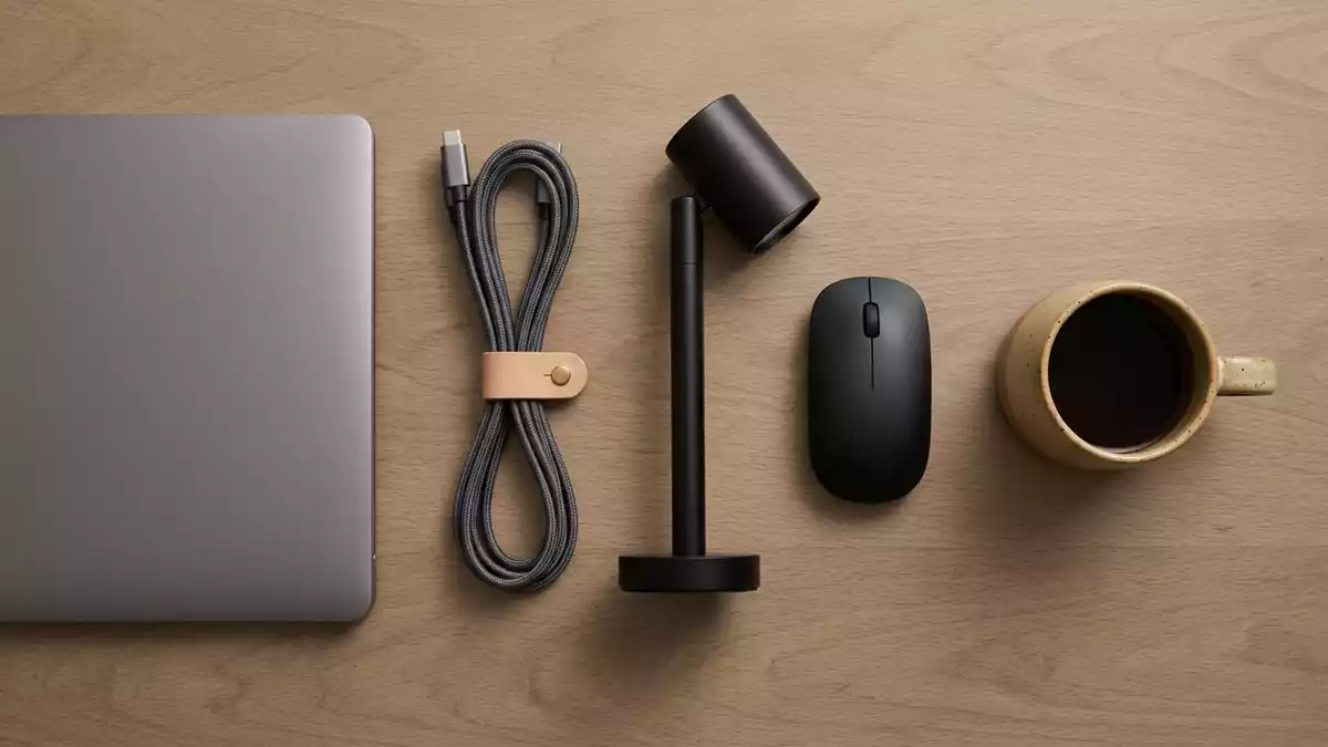 Flatlay-Arrangement rund um Ladekabel mit passenden Requisiten von oben, neutral