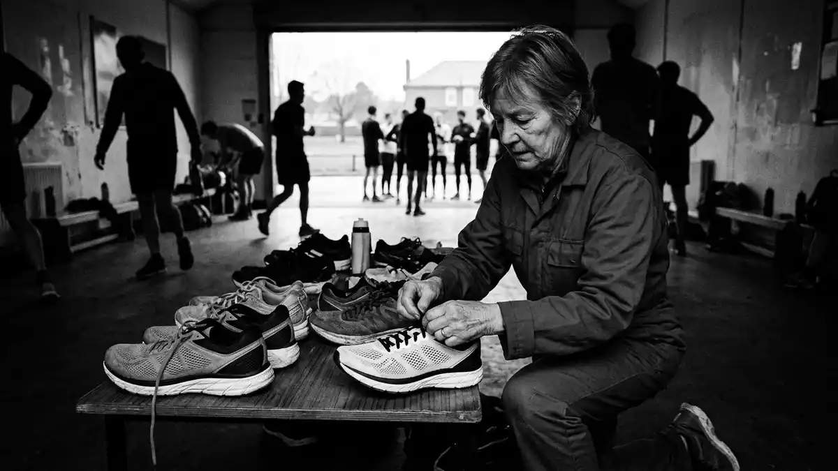 Schwarzweiss-Reportagebild mit Laufschuh in dokumentarischer Arbeitsumgebung, neutral