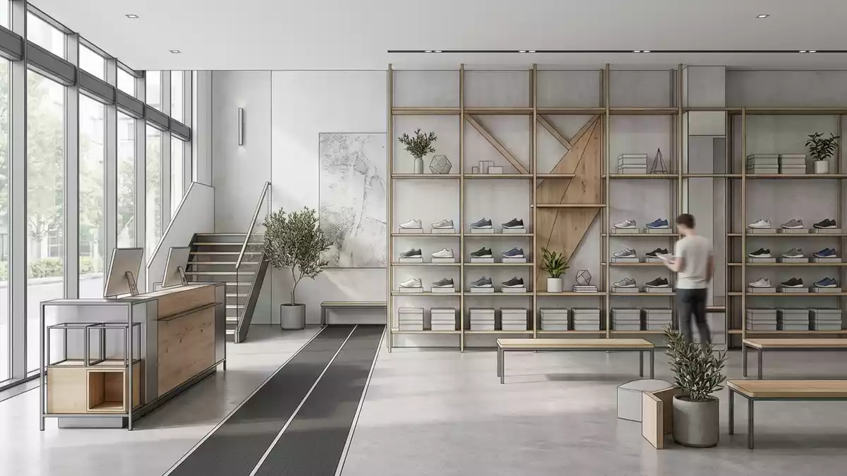 Architektur-Render im Laufsportgeschaeft mit Laufschuh im Ausstellungsbereich, neutral