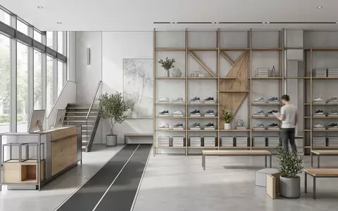 Architektur-Render im Laufsportgeschaeft mit Laufschuh zum Thema Brooks Ghost 16 Laufschuh, neutrales Tageslicht - Foto: THN