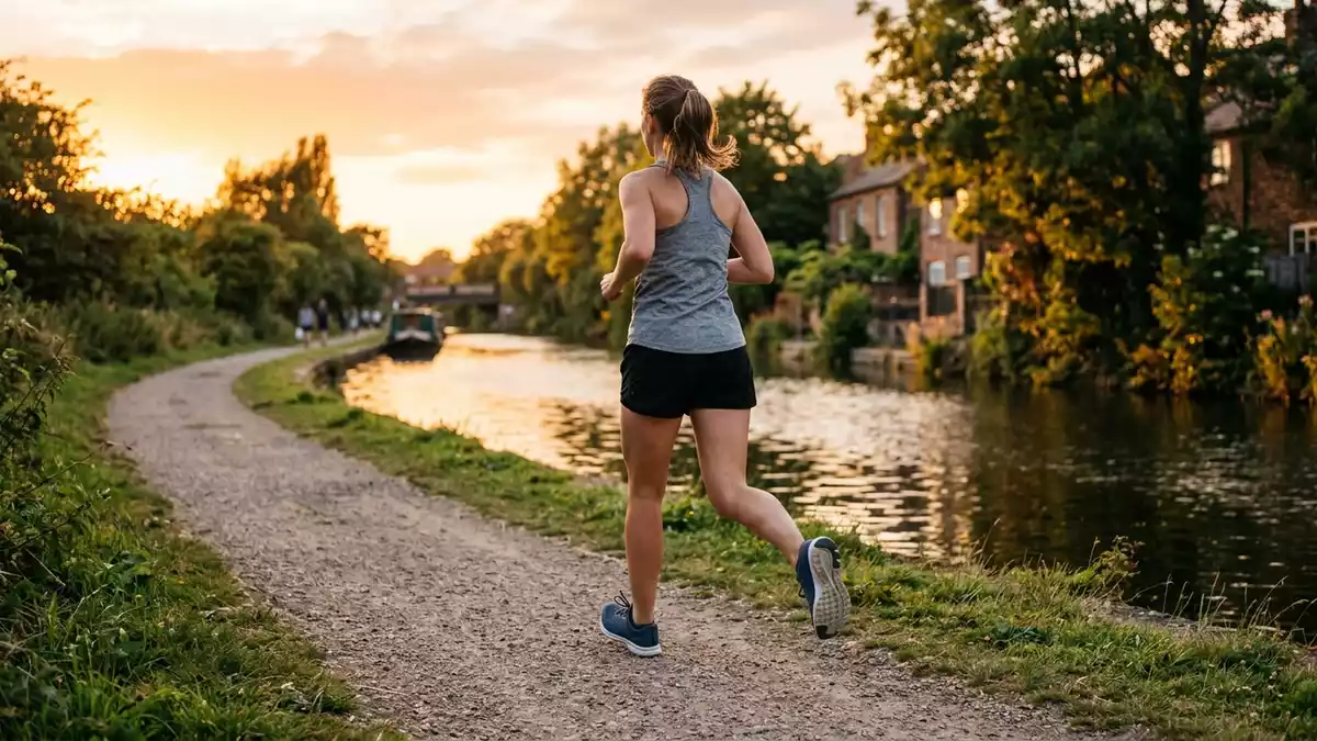 Fotorealistische Ansicht von Laufschuh am Kanal in warmem Abendlicht, neutral