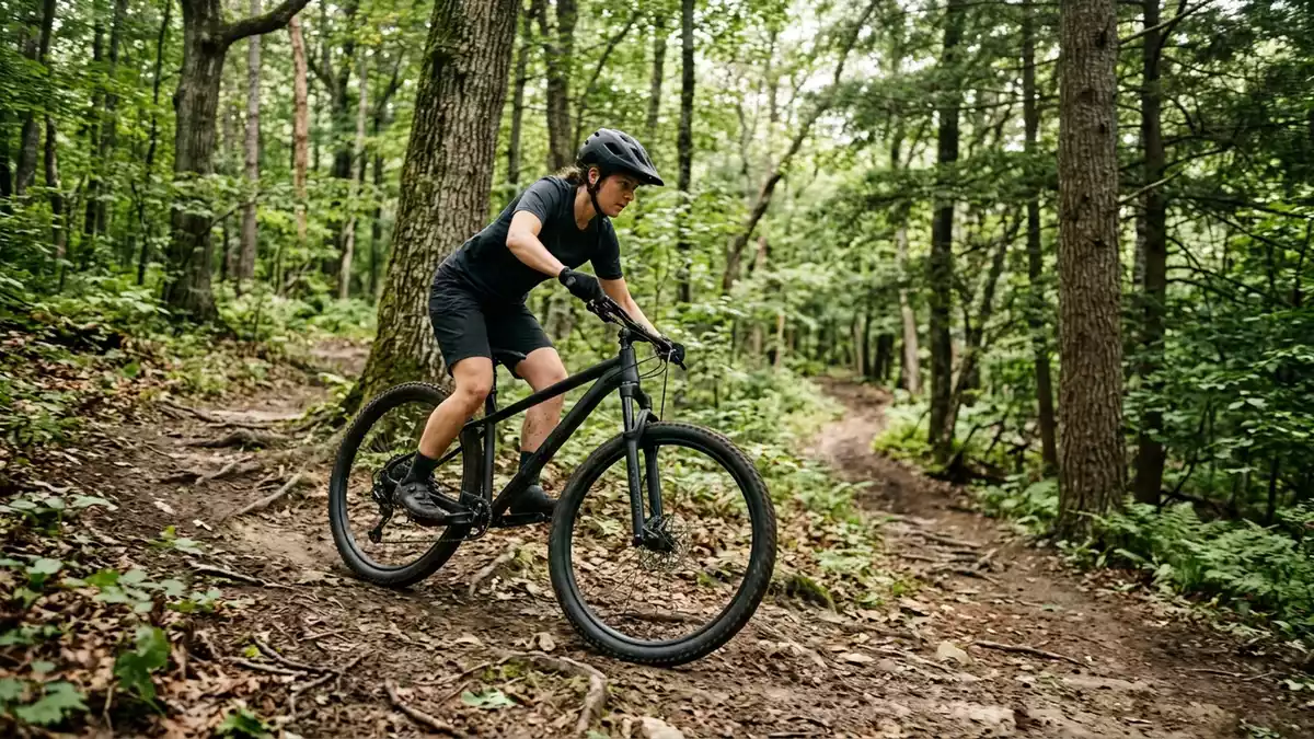Fotorealistische Ansicht von Mountainbike im Wald in realer Umgebung, neutral