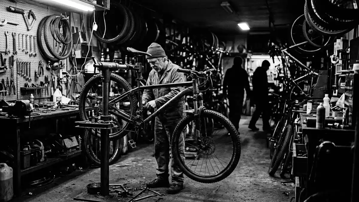 Schwarzweiss-Reportagebild mit Mountainbike in dokumentarischer Arbeitsumgebung