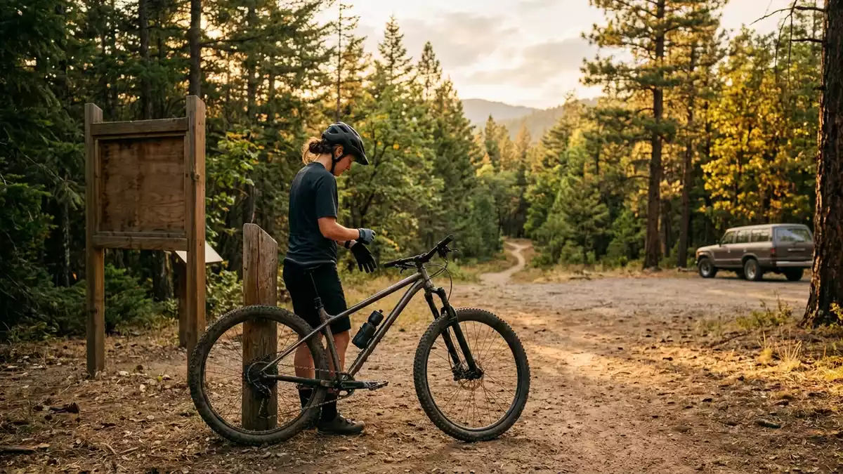 Fotorealistische Ansicht von Mountainbike am Waldweg in warmem Abendlicht, neutral