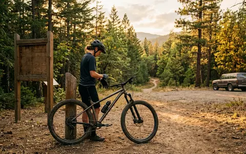 Fotorealistische Aufnahme von Mountainbike am Waldweg zum Thema Btwin Rockrider ST 100, warmes Abendlicht - Foto: THN