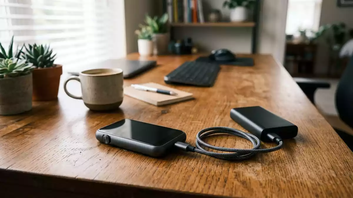 Fotorealistische Ansicht von USB-C-Kabel am Schreibtisch in realer Umgebung, neutral