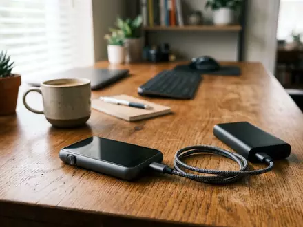 Fotorealistische Aufnahme von USB-C-Kabel am Schreibtisch zum Thema CableCreation USB-C auf USB-C, natuerliches Licht - Foto: THN