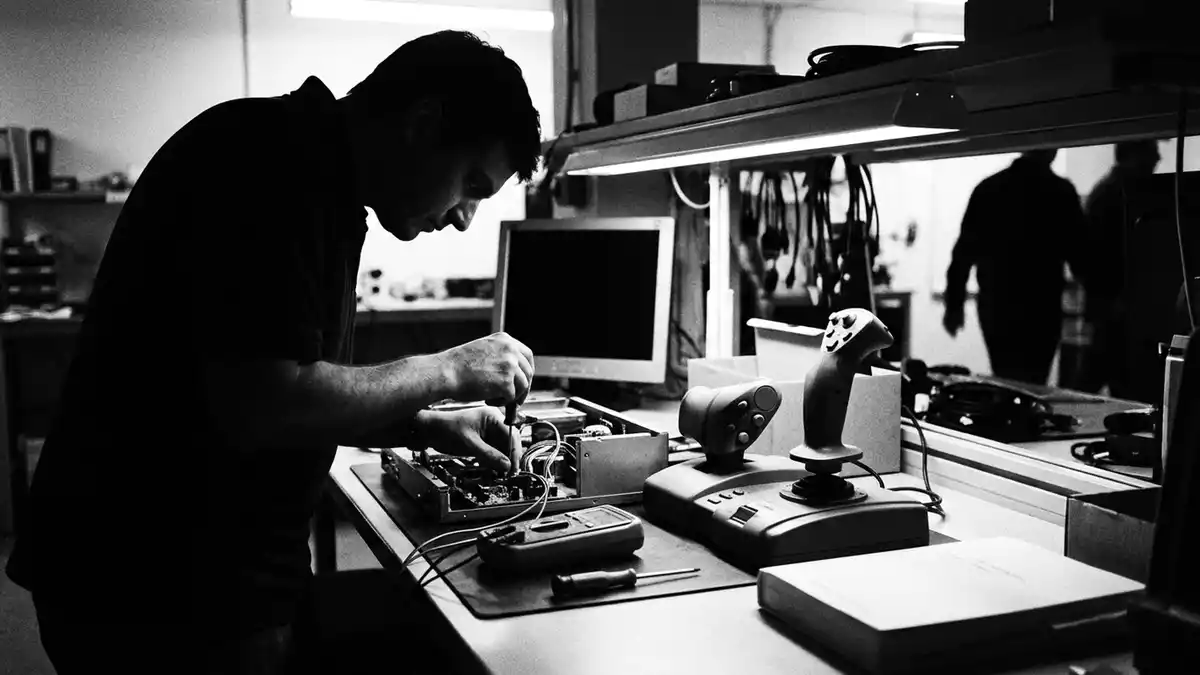 Schwarzweiss-Reportagebild mit Flug-Joystick in dokumentarischer Arbeitsumgebung