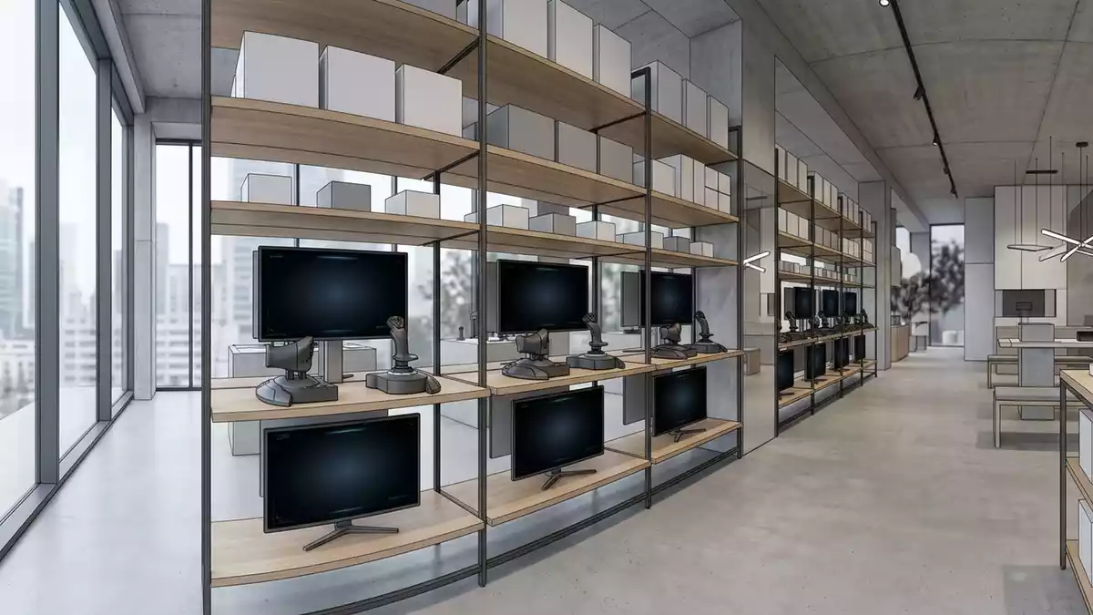 Architektur-Render im Gamingladen mit Flug-Joystick im Ausstellungsbereich, neutral