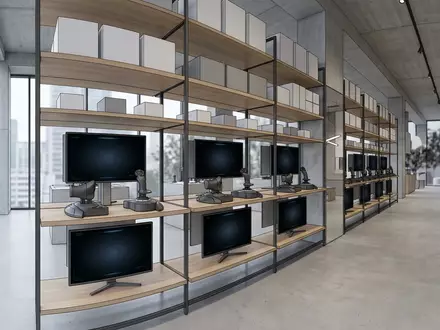 Architektur-Render im Gamingladen mit Flug-Joystick zum Thema Thrustmaster T.Flight HOTAS 4, neutrales Tageslicht - Foto: THN