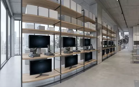 Architektur-Render im Gamingladen mit Flug-Joystick zum Thema Thrustmaster T.Flight HOTAS 4, neutrales Tageslicht - Foto: THN