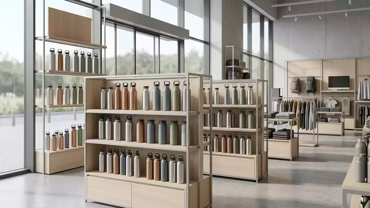 Architektur-Render im Outdoorshop mit Isolierflasche im Ausstellungsbereich, neutral