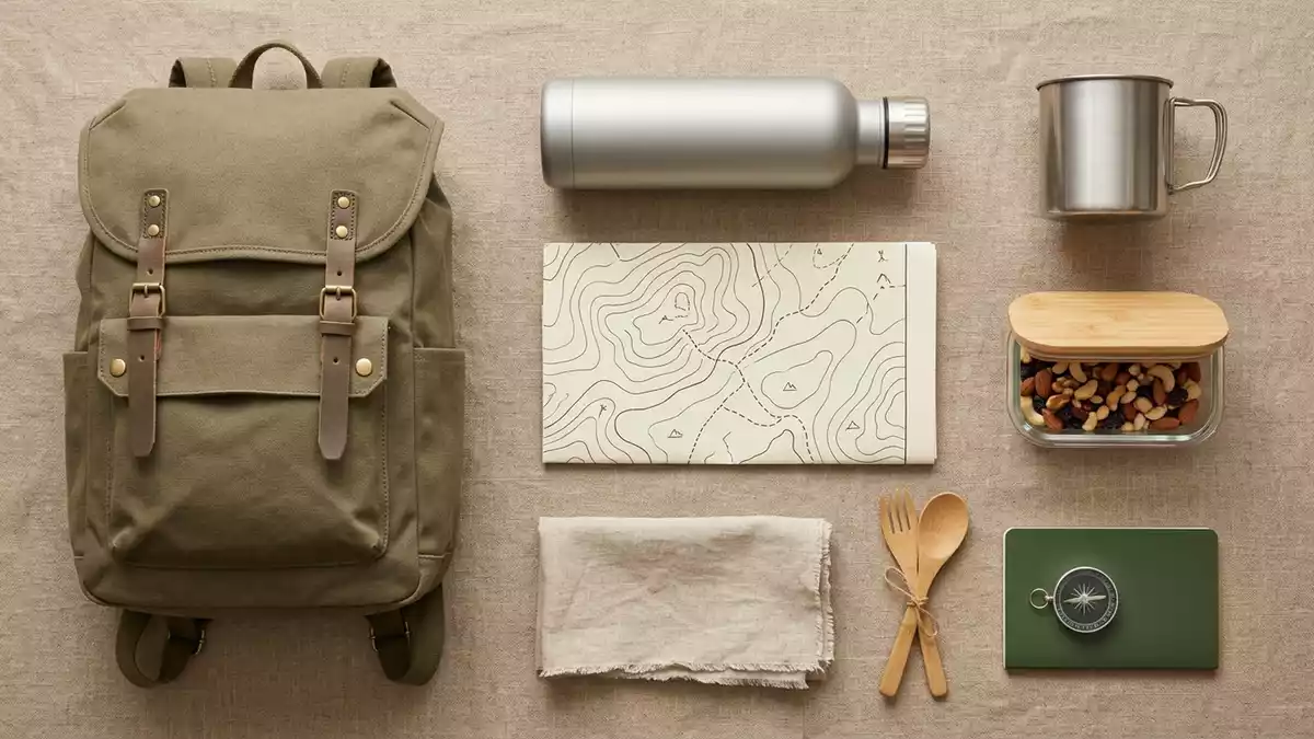 Flatlay-Arrangement rund um Isolierflasche mit passenden Requisiten von oben, neutral