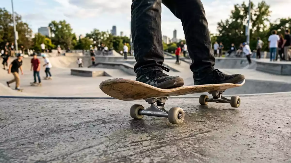 Fotorealistische Ansicht von Skateboardachsen im Skatepark in realer Umgebung, neutral