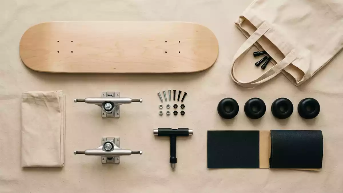 Flatlay-Arrangement rund um Skateboardachsen mit passenden Requisiten von oben
