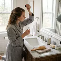Fotorealistische Aufnahme von Haarserum im Badezimmer zum Thema The Ordinary Multi-Peptide Serum, natuerliches Licht - Foto: THN