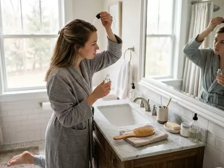 Fotorealistische Aufnahme von Haarserum im Badezimmer zum Thema The Ordinary Multi-Peptide Serum, natuerliches Licht - Foto: THN