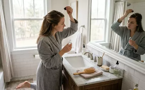 Fotorealistische Aufnahme von Haarserum im Badezimmer zum Thema The Ordinary Multi-Peptide Serum, natuerliches Licht - Foto: THN