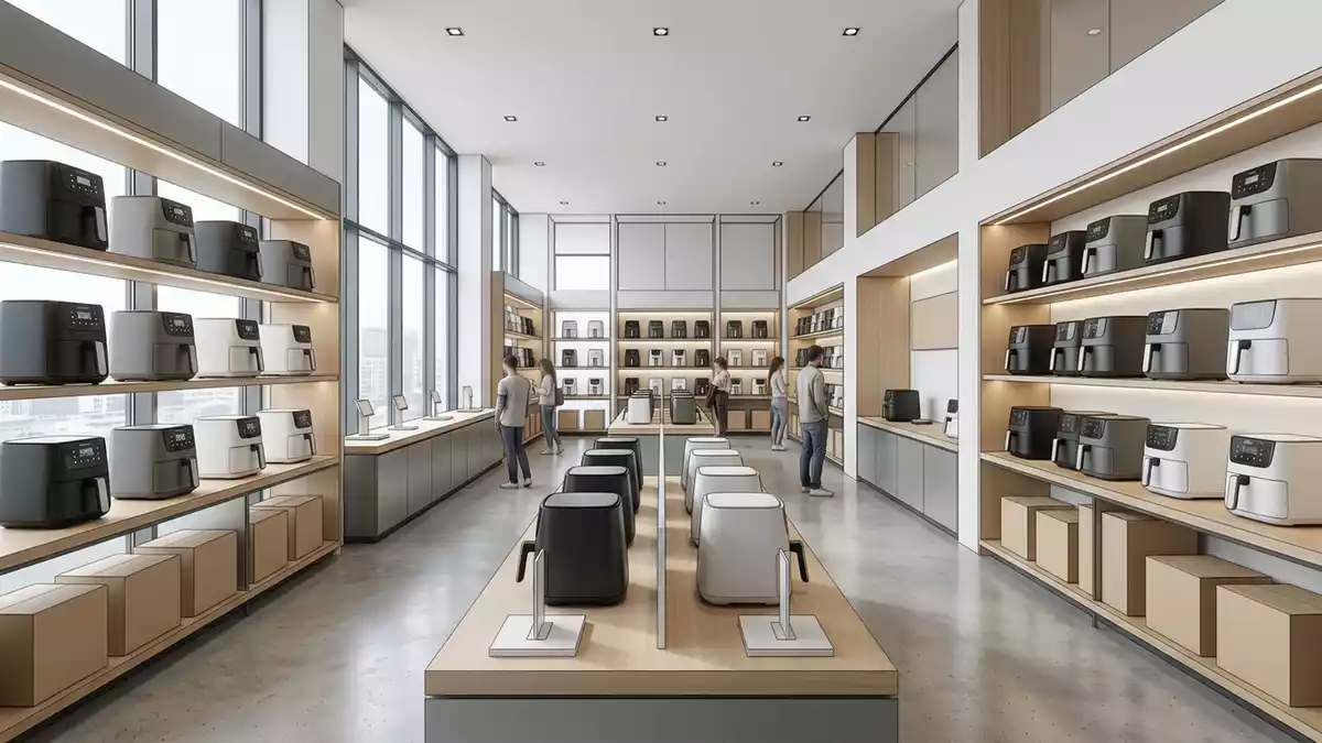 Architektur-Render im Kuechengeraete Laden mit Heissluftfritteuse im Ausstellungsbereich