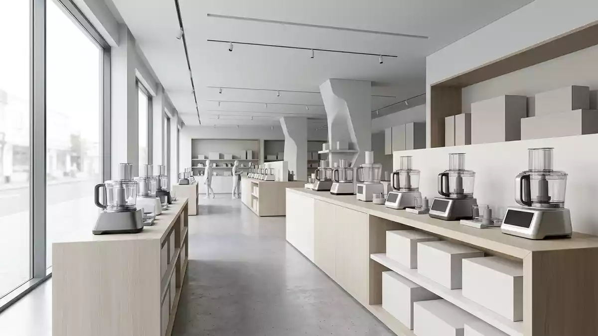 Architektur-Render im Kuechengeraete Laden mit Kuechenmaschine im Ausstellungsbereich