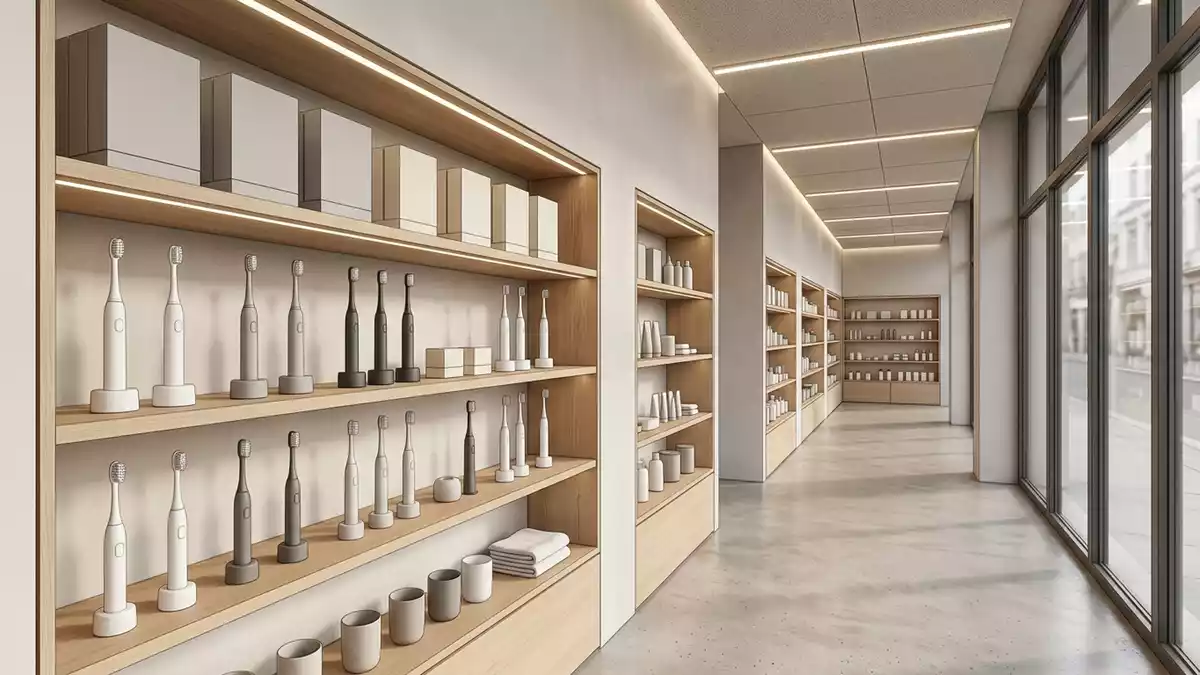 Architektur-Render im Koerperpflege Laden mit Elektrische Zahnbuerste im Ausstellungsbereich